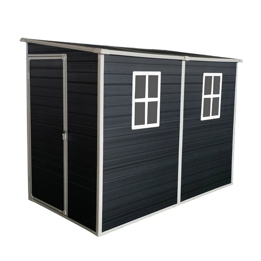 4x8ft Outdoor Storage Shed with Floor Resin shed with Two-Window, Waterproof ,Lockable Doors for Patio, Yard, Lawn ---Black