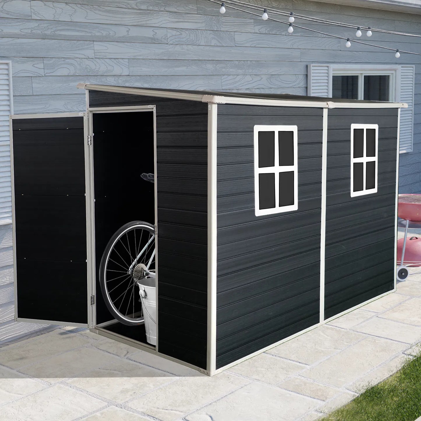 4x8ft Outdoor Storage Shed with Floor Resin shed with Two-Window, Waterproof ,Lockable Doors for Patio, Yard, Lawn ---Black