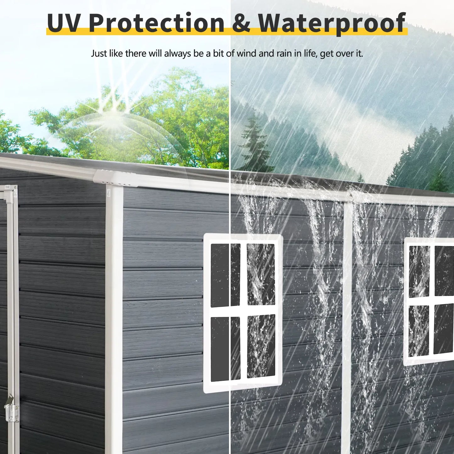 4x8ft Outdoor Storage Shed with Floor Resin shed with Two-Window, Waterproof ,Lockable Doors for Patio, Yard, Lawn ---Black