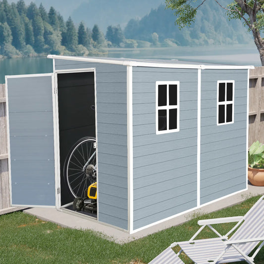4x8ft Outdoor Storage Shed with Floor Resin shed with Two-Window, Waterproof ,Lockable Doors for Patio, Yard, Lawn ---Gray