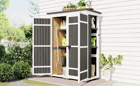 TOPMAX Outdoor 5.5ft Hx4.1ft L Wood Storage Shed, Garden Tool Cabinet with Waterproof Asphalt Roof, Four Lockable Doors, Multiple-tier Shelves, White and Gray