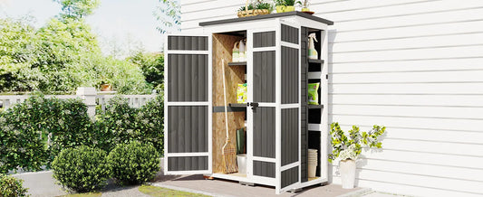 TOPMAX Outdoor 5.5ft Hx4.1ft L Wood Storage Shed, Garden Tool Cabinet with Waterproof Asphalt Roof, Four Lockable Doors, Multiple-tier Shelves, White and Gray
