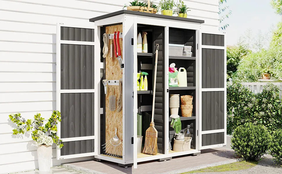 TOPMAX Outdoor 5.5ft Hx4.1ft L Wood Storage Shed, Garden Tool Cabinet with Waterproof Asphalt Roof, Four Lockable Doors, Multiple-tier Shelves, White and Gray