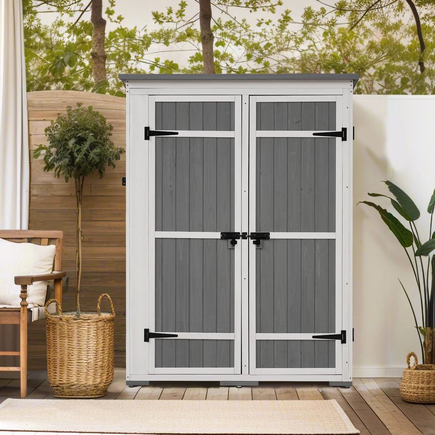 TOPMAX Outdoor 5.5ft Hx4.1ft L Wood Storage Shed, Garden Tool Cabinet with Waterproof Asphalt Roof, Four Lockable Doors, Multiple-tier Shelves, White and Gray